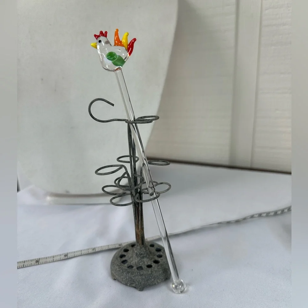 Rooster or hen glass swizzle stick